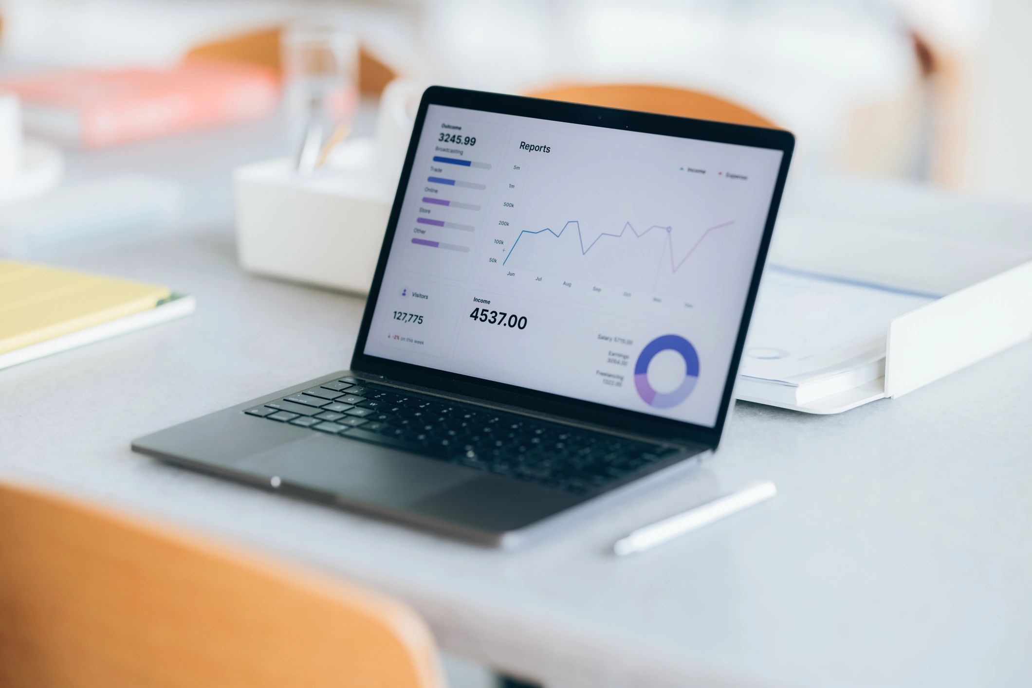 Laptop on a desk displaying charts, representing an organized dashboard for creative business management.
